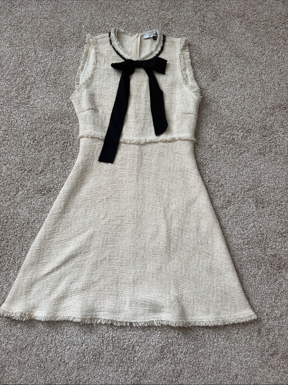 Necessary Objects Cream Tweed Sleeveless Mini Dress with Black Bow